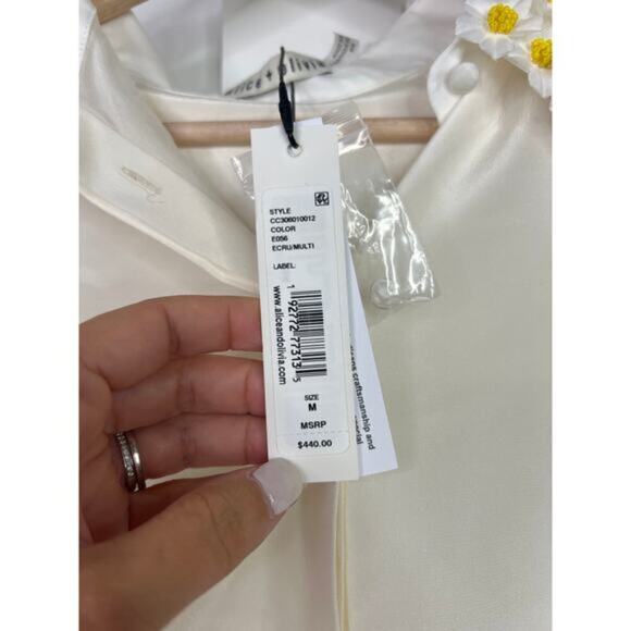 NWT Alice + Olivia Willa Silk Daisy Embellished Blouse Ecru Multi Size: Medium - Picture 6 of 11